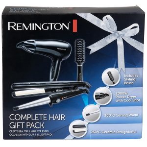 پک کامل محصولات برقی مو رمینگتون اصل | سشوار، اتو مو، فرکننده و برس | مدل S3500GP