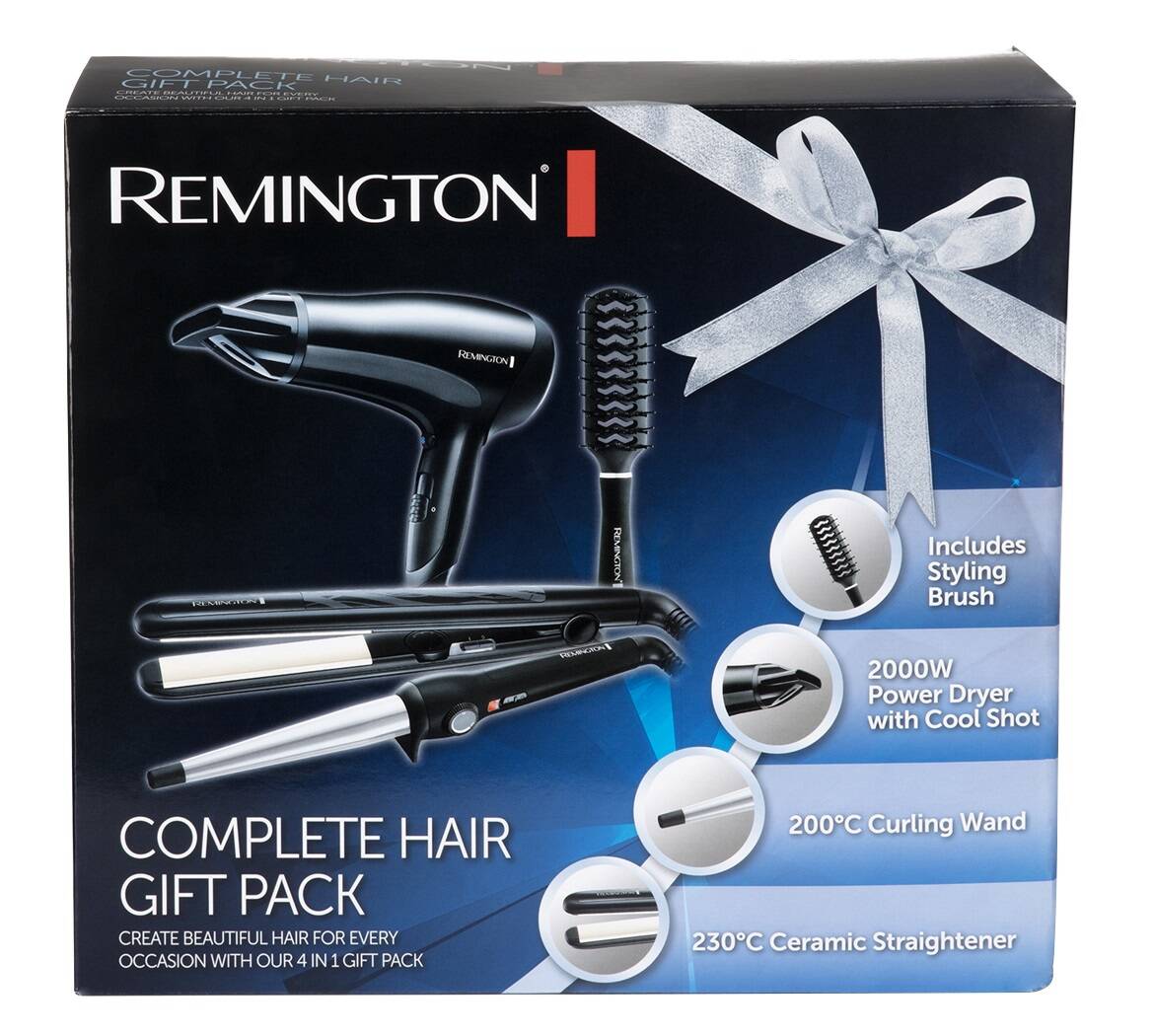 پک کامل محصولات برقی مو رمینگتون اصل | مدل S3500GP | سشوار، اتو مو، فر کننده و برس مو Remington