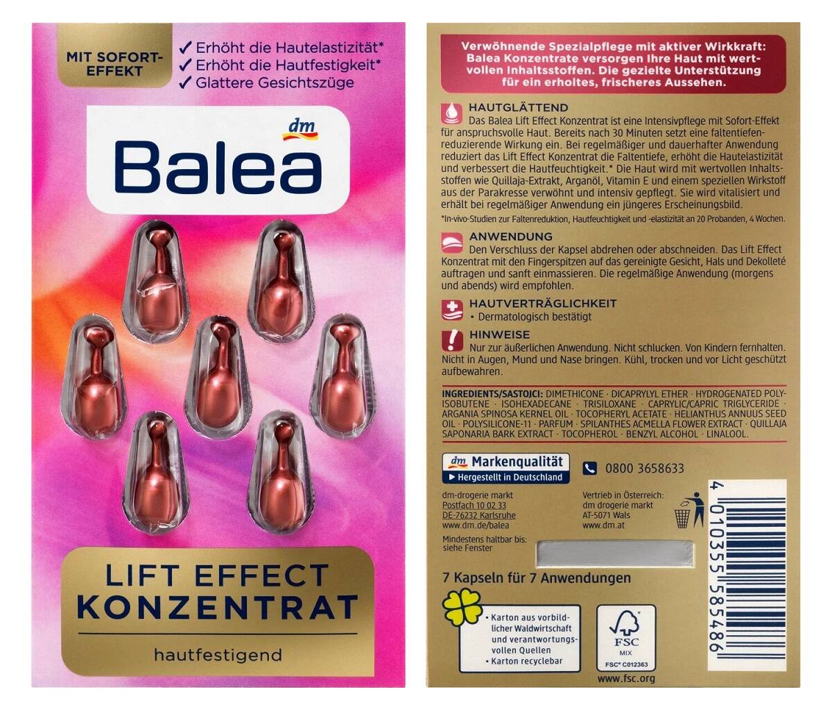 کنسانتره کپسول لیفت کننده باله آ صورتی 7 عددی حاوی روغن آرگان، ویتامین E و روغن کویجالا - Balea Lift Effect Concentrate face set 7 capsules (Lift Effect konzentrat)