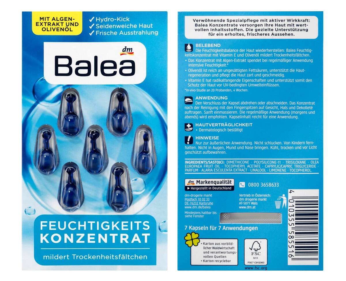 کپسول آبرسان صورت باله آ (آبی رنگ، حاوی ویتامین E و روغن زیتون، ضدچروک، حاوی 7 عدد کپسول کنسانتره) - Balea Moisture Concentrate face set 7 capsules (feuchtigkeits konzentrat)