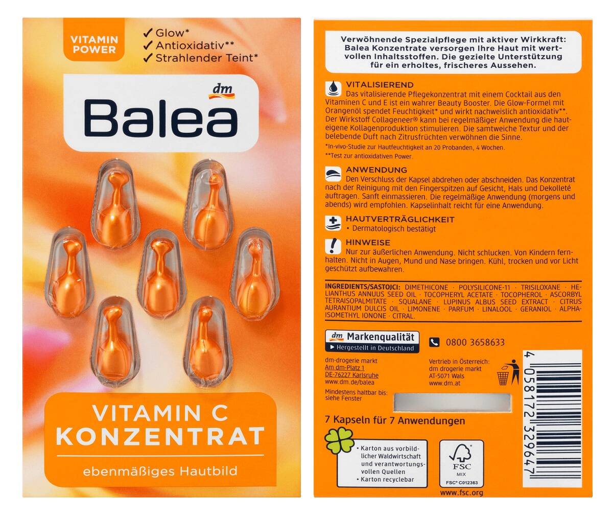 کپسول ویتامین سی باله آ روشن کننده، ضد لک و تیرگی پوست (Balea Vitamin C Concentrate Face, Set 7 Capsules)