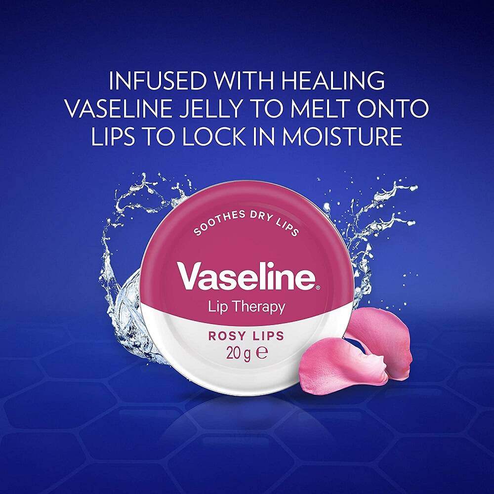 بالم لب وازلین مدل Rosy lips (مدل رز لیپز، ترمیم کننده قوی، آبرسان و درخشان کننده لب) - Vaseline Lip Therapy Balm Rosy Lips Tin