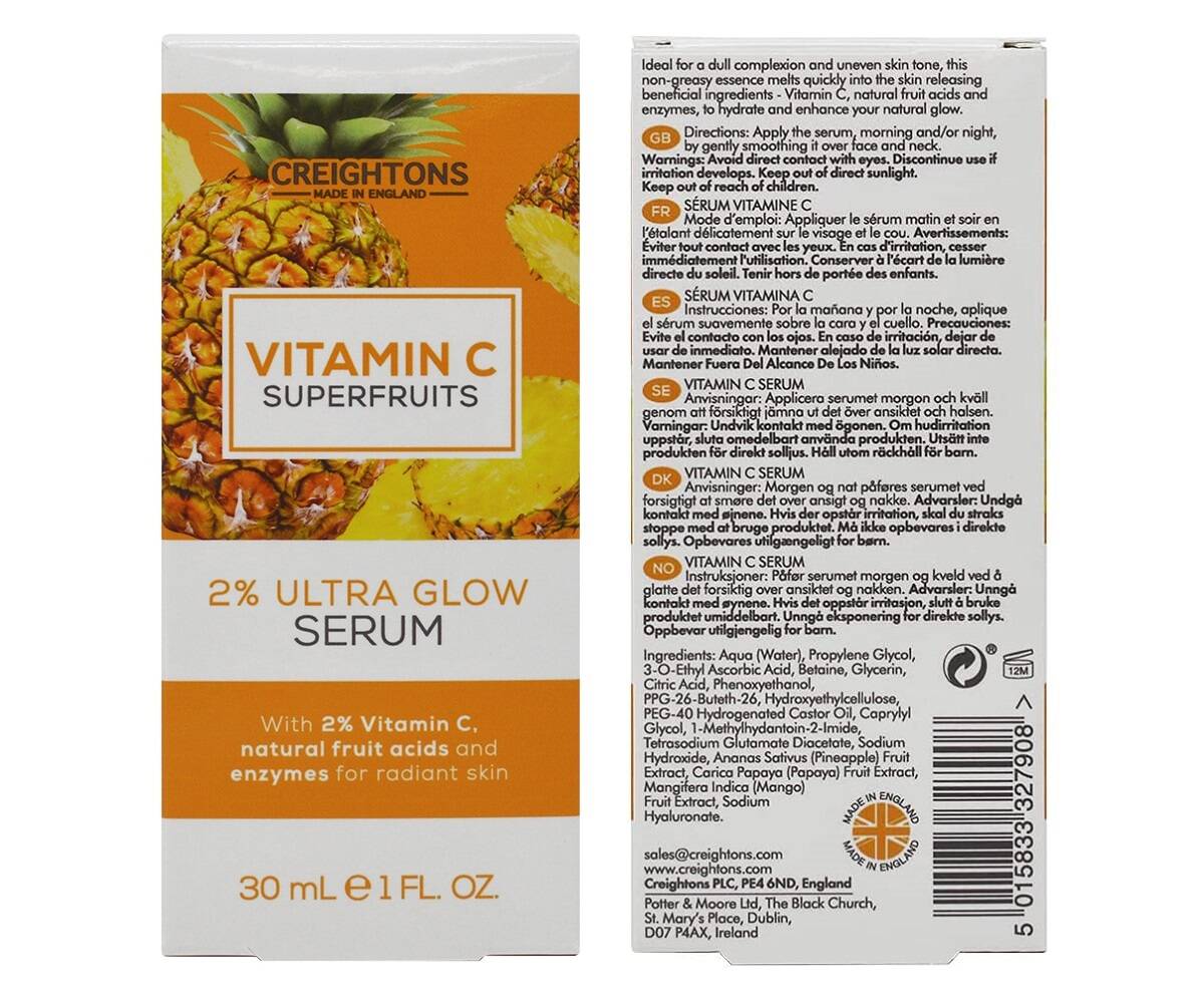 سرم روشن کننده ویتامین C سوپرفروت کریتونز (سرم ضد لک درخشان کننده شفاف کننده و ضد منافذ باز ویتامین سی 2% کریتونس اصل انگلیس) - Creightons Vitamin C Superfruits 2% Ultra Glow Serum 30ml
