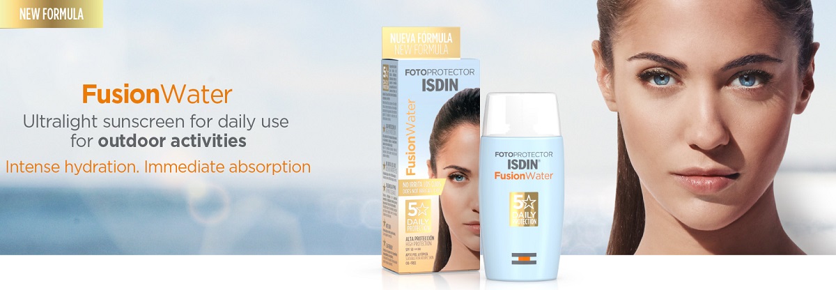 ضد آفتاب ایزدین فیوژن واتر ضد آفتاب بی رنگ ایزدین اسپانیایی برای انواع پوست- مخصوص پوست چرب و حساس - Fotoprotector ISDIN Fusion Water SPF 50+ – 50ml