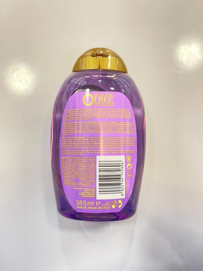 شامپو او جی ایکس OGX مدل لاوندر پلاتینیوم Lavender Platinum حجم 385 میل| مغذی، درخشان‌کننده، بدون سولفات، حفظ رنگ پلاتینیوم و ضد قرمزی رنگ مو