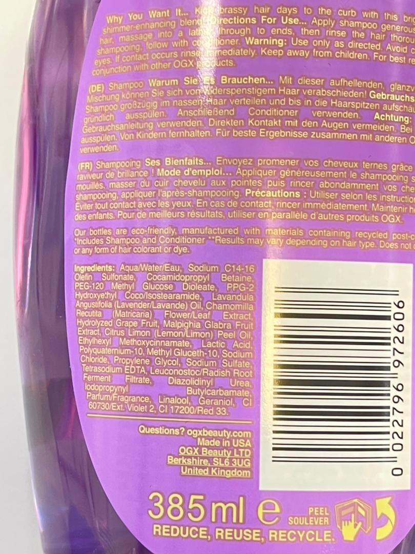 شامپو او جی ایکس OGX مدل لاوندر پلاتینیوم Lavender Platinum حجم 385 میل| مغذی، درخشان‌کننده، بدون سولفات، حفظ رنگ پلاتینیوم و ضد قرمزی رنگ مو