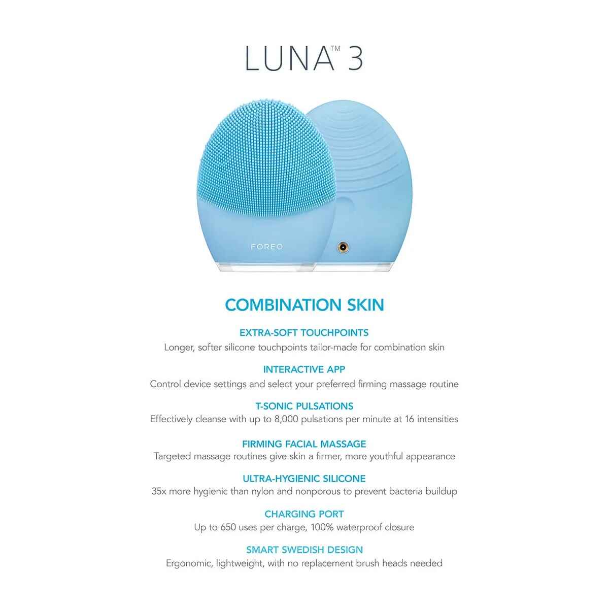 جزئیات فیس براش فورئو FOREO مدل لونا LUNA 3 | پاکسازی صورت با فناوری T-SONIC، ضد چروک، رنگ آبی