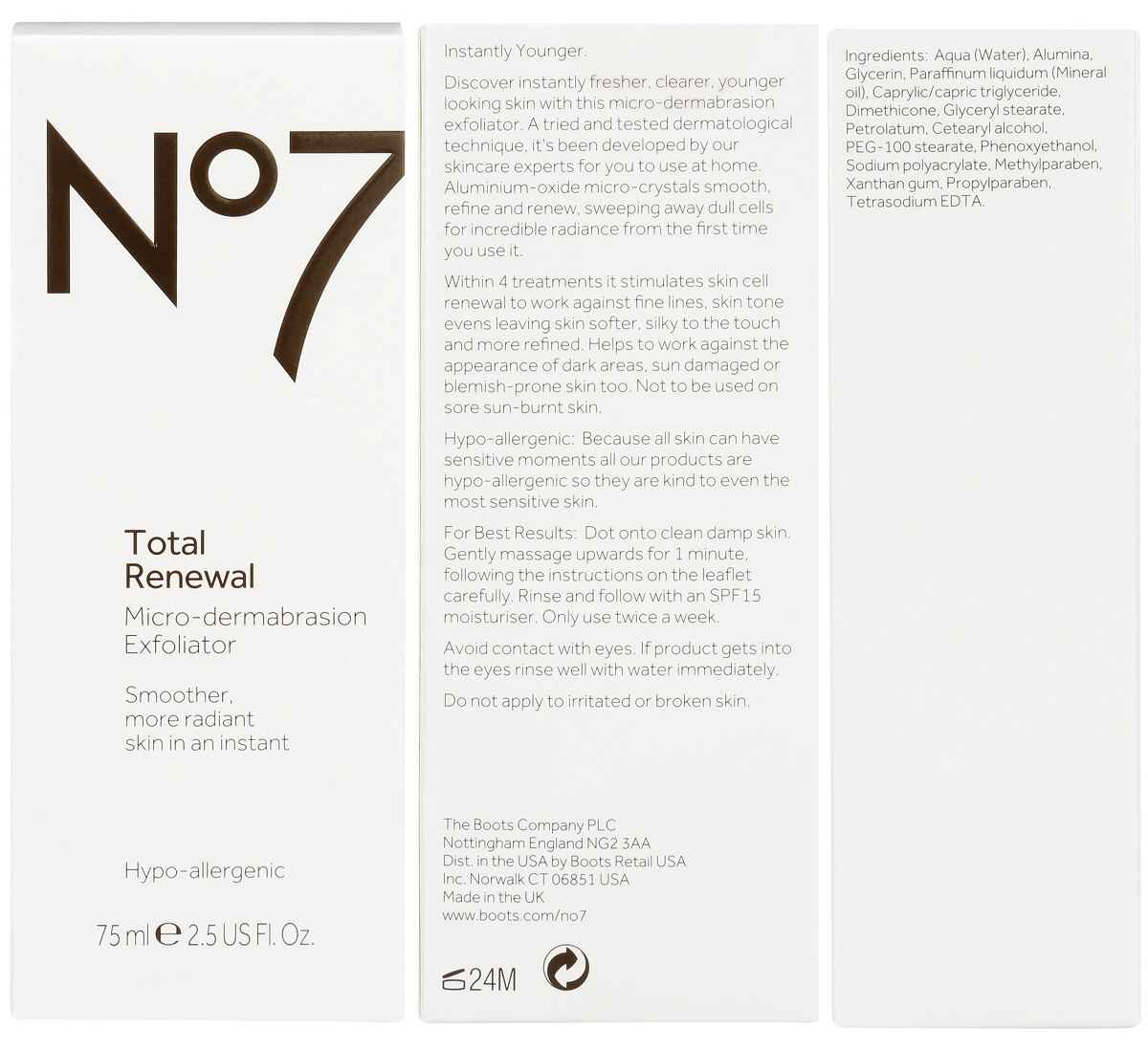 اطلاعات روی بسته بندی لایه بردار شفاف کننده و جوانساز No7 مدل Total Renewal