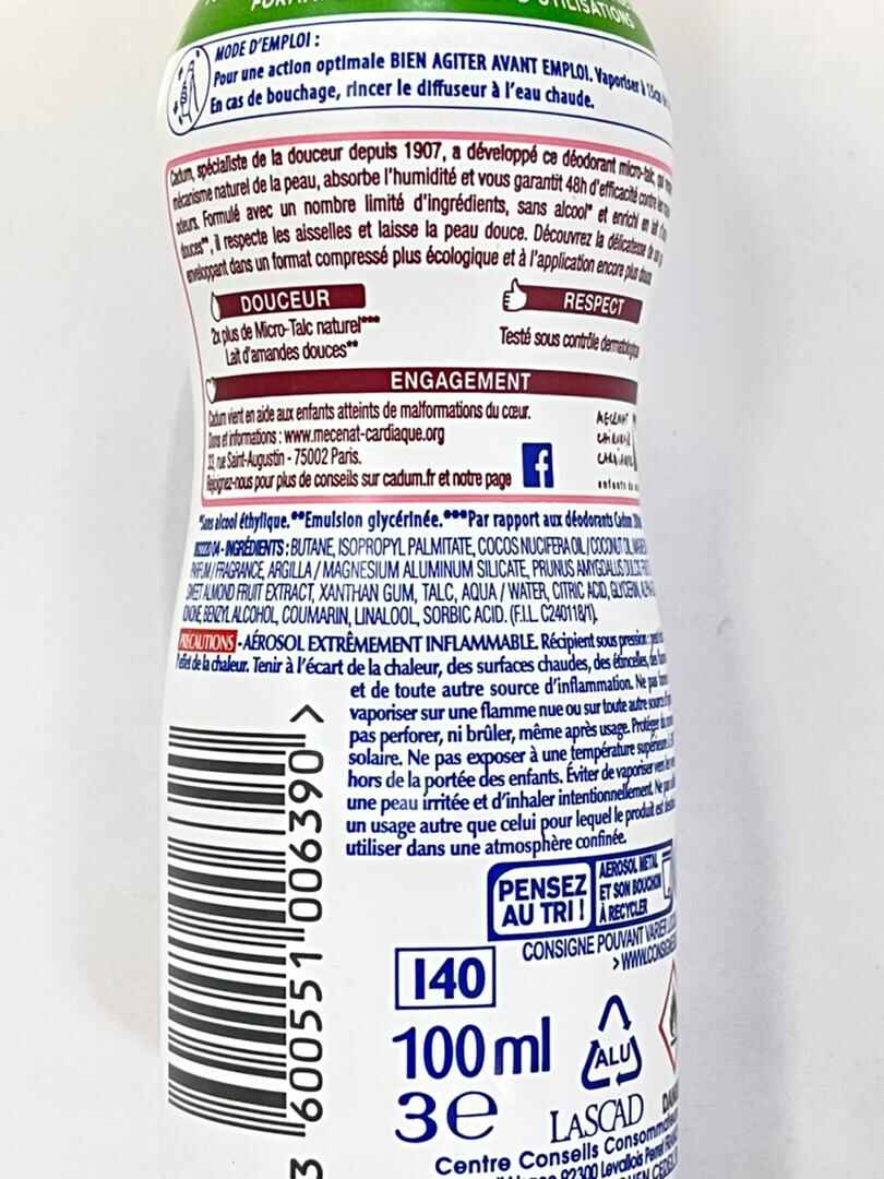 اسپری دئودورانت ضد تعریق ارگانیک میکرو تالک کادوم CADUM شیر بادام حجم 100 میل | بدون الکل، نمک آلمنیوم، عطر، پارابن