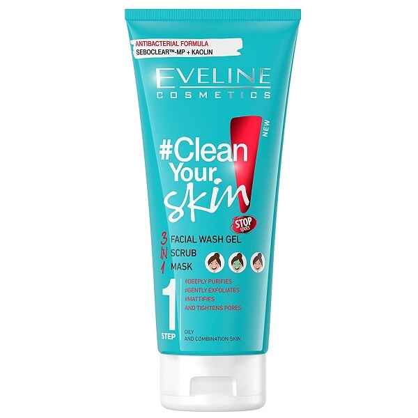 ژل شستشو سه کاره اولاین Eveline مدل کلین یور اسکین Clean Your Skin حجم 200 میل | لایه بردار، مناسب پوست مستعد لک