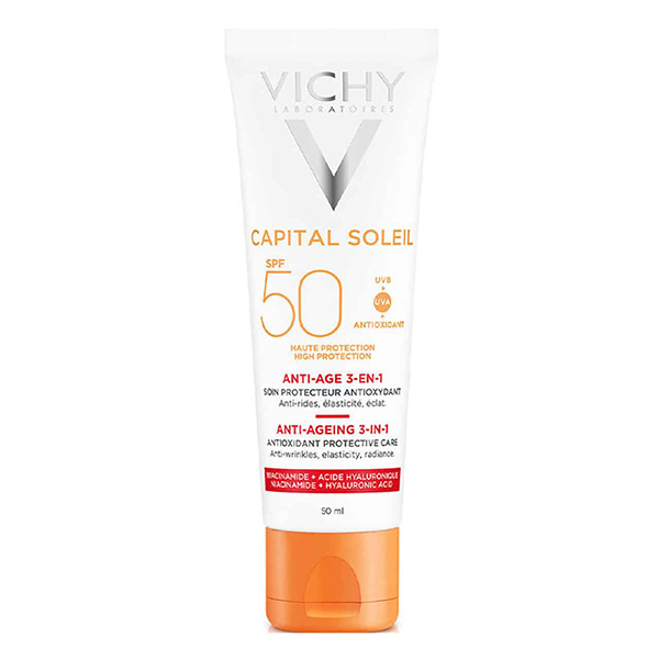 ضدآفتاب ویشی مدل anti-age 3-en-1 حاوی هیالورونیک اسید و نیاسینامید با spf 50 حجم 50 میل